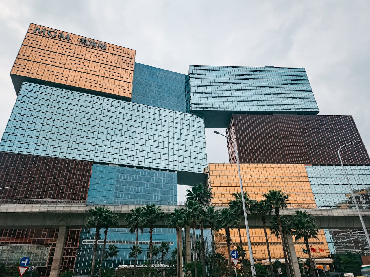 Impressive stacked block design of the MGM Cotai casino in Macao captured during the day.